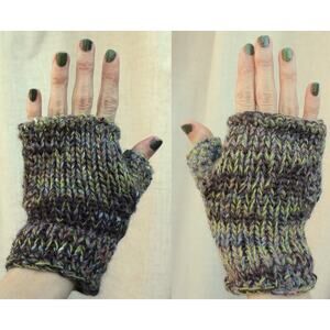 100% Wool Fingerless Gloves- Brown+ Green- S/M